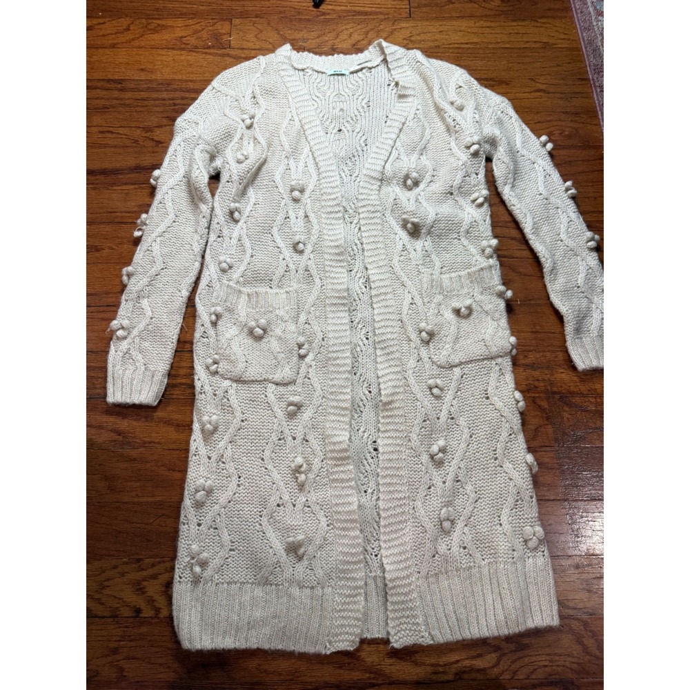 Kimchi Blue Cream Cable Knit Pom Pom Duster Cardigan Sweater Wool Blend Medium
